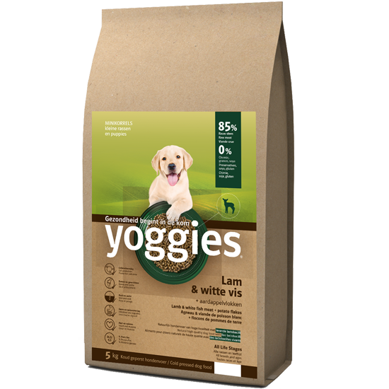 Yoggies Lam en Witte Vis, koudgeperste MINI korrels met probiotica